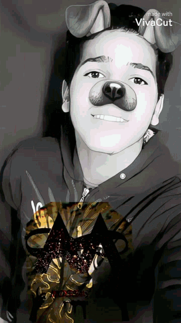 a black and white photo of a man wearing a dog mask made by vivacut