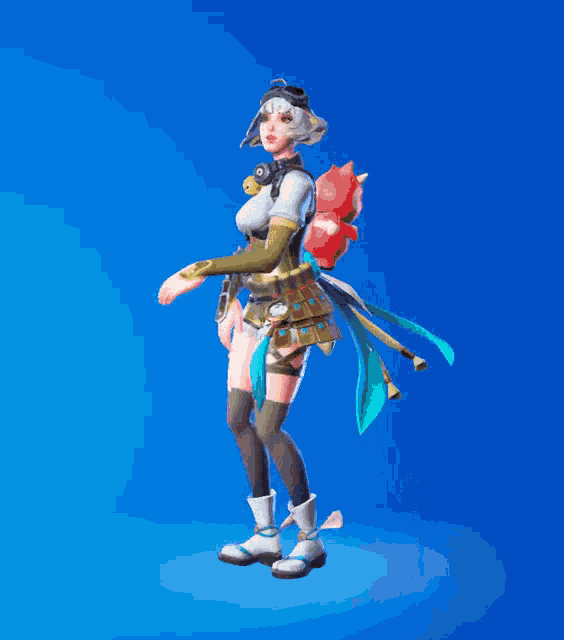 a video game character is dancing in front of a blue backdrop