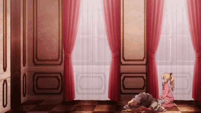 a girl in a pink dress is kneeling on the floor in a room with red curtains