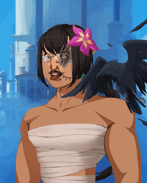 a cartoon of a woman with a flower in her hair and a bird on her shoulder