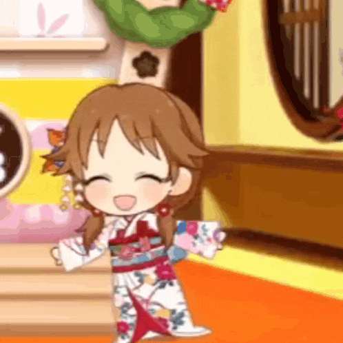 a cartoon girl in a kimono is standing in a room .