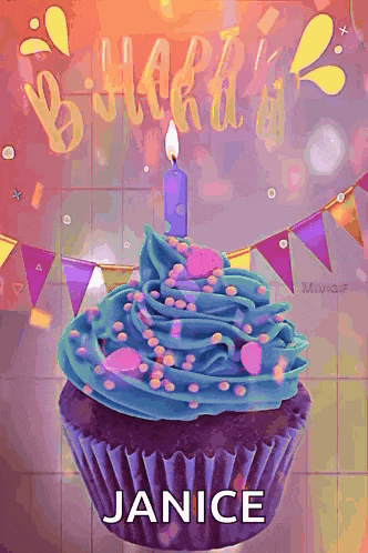 a birthday cupcake with blue frosting and sprinkles and the name janice on it