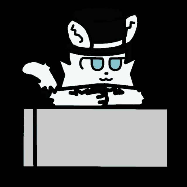 a white cat wearing a top hat is sitting at a table .