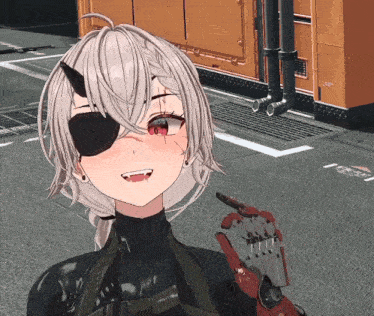 a girl with horns on her head is wearing an eye patch and holding a robot hand