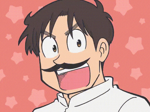 a cartoon drawing of a man with a mustache and a white shirt