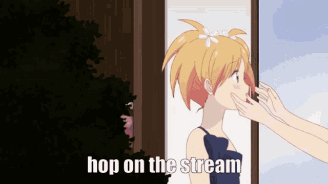 a cartoon of a girl with a flower in her hair and the words hop on the stream below her
