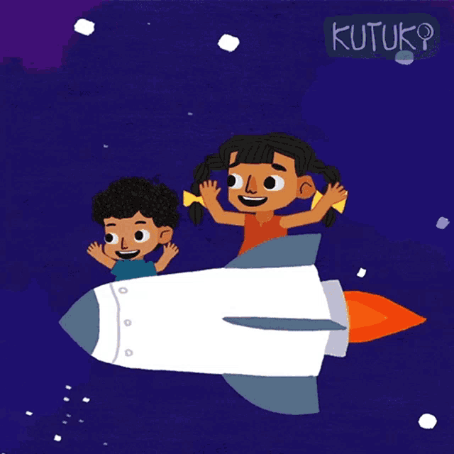 a boy and a girl are flying in a rocket with the word kutuk written on the bottom