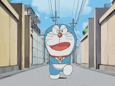 a cartoon of doraemon running down a street