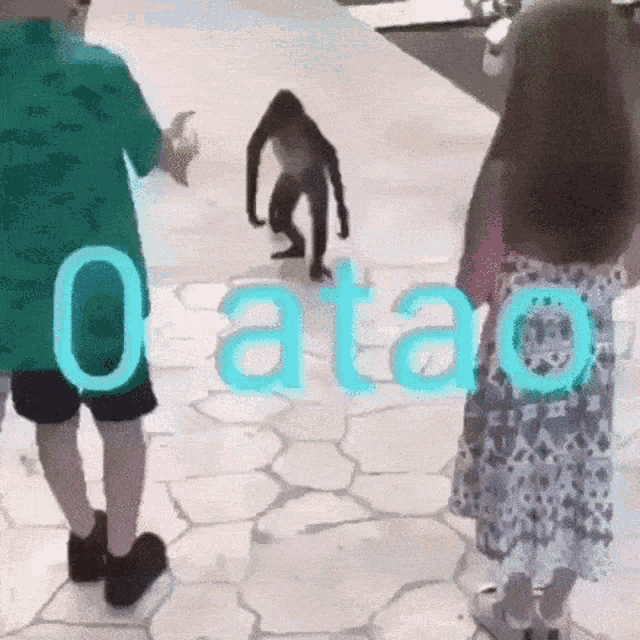 a monkey is walking down a sidewalk next to a girl and a man with the word oatao on the bottom