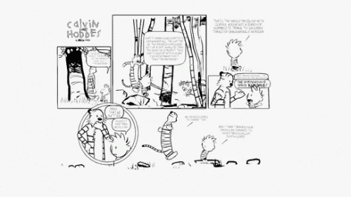 a black and white cartoon of calvin and hobbes standing next to each other in a forest .