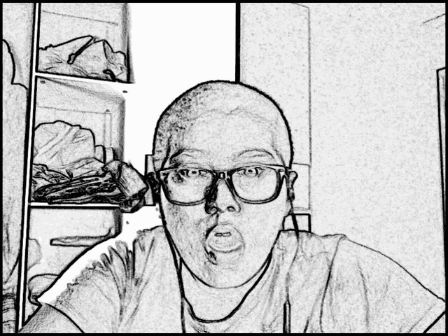 a black and white drawing of a bald man wearing glasses