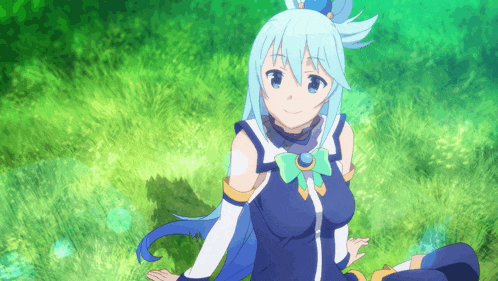 a girl with blue hair and a blue bow is sitting in the grass