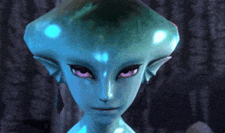 a close up of a blue alien with purple eyes and ears