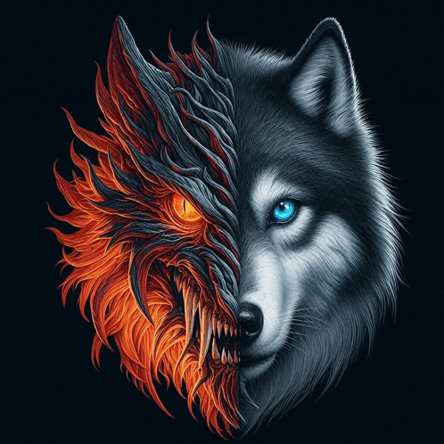 a painting of a wolf with half a dragon 's face
