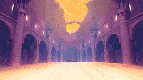 a cartoon drawing of a building with arches and a purple sky