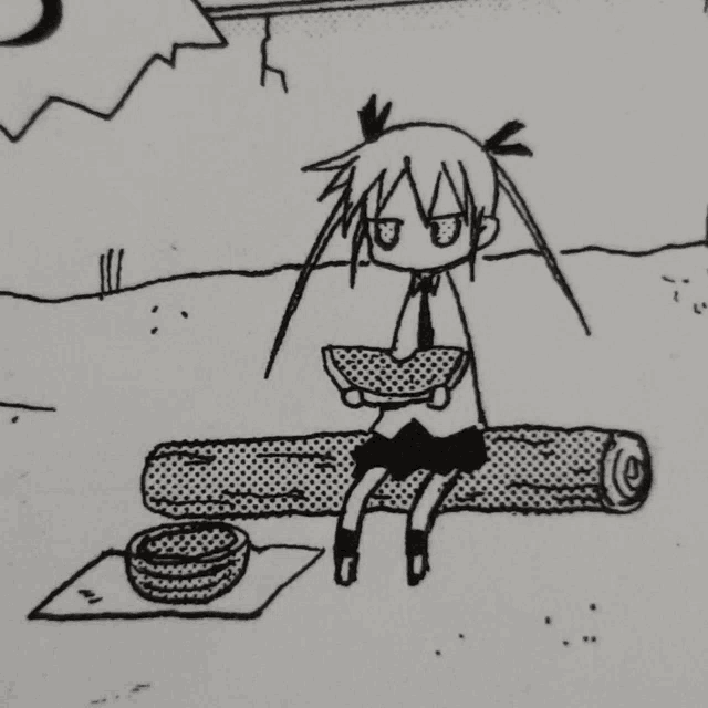 a black and white drawing of a girl sitting on a log holding a bag