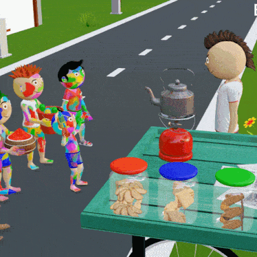 a group of cartoon characters standing around a table with jars of cookies and a kettle