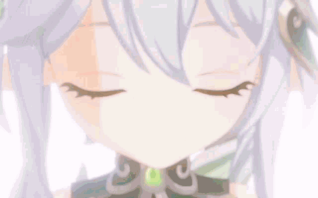 a close up of a girl 's face with green eyes and white hair