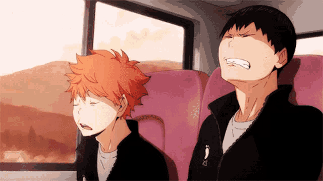 two anime characters are sitting next to each other on a bus looking out the window