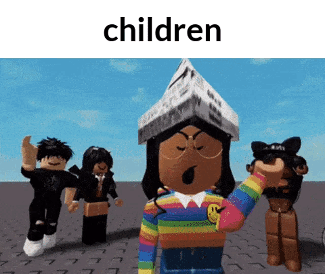 a girl in a rainbow sweater is wearing a newspaper on her head .