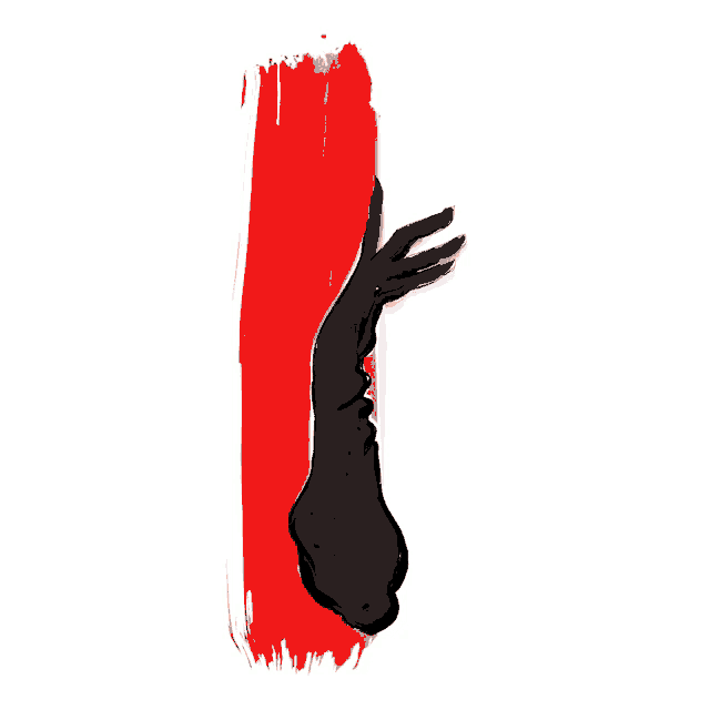a drawing of a woman wearing long black gloves against a red background