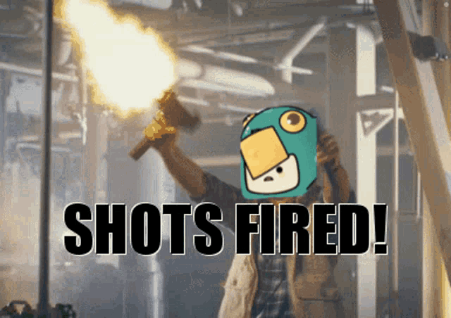 a man is firing a gun with the words " shots fired " on the bottom