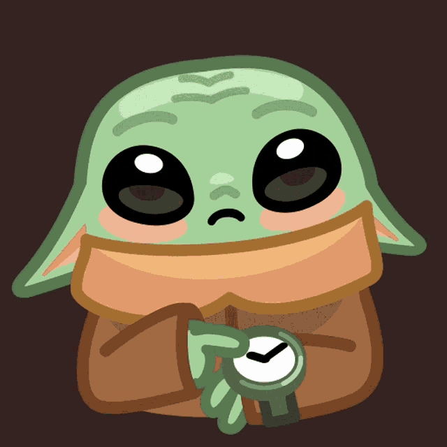 a baby yoda holding a watch with a sad look on his face
