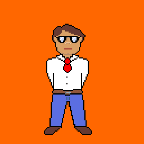 a pixel art drawing of a man with a speech bubble that says " yen ink wl "