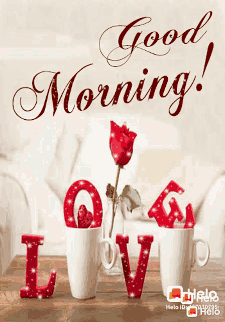a greeting card that says good morning with a red rose