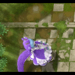 a purple stuffed animal in a white and blue dress is standing on a stone walkway .