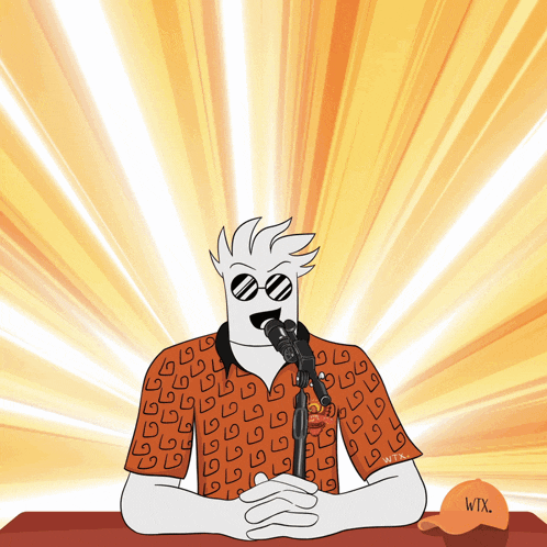 a cartoon of a man sitting at a table with a microphone and a hat that says wix