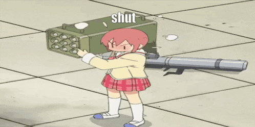 a cartoon girl is holding a rocket launcher with the word shut written on it