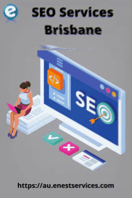 an advertisement for seo services brisbane shows a woman sitting in front of a computer screen