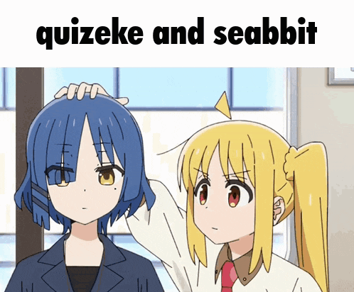 a cartoon of a girl putting her hand on another girl 's head with the words quizeke and searabbit below them