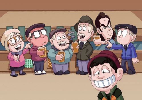 a cartoon of a group of people standing around drinking
