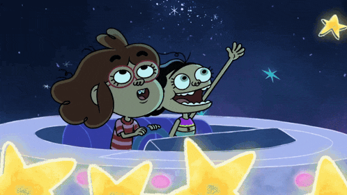 a cartoon of a woman and child in a spaceship