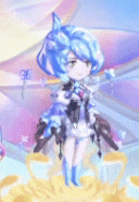 a little girl with blue hair is standing on a lotus flower .