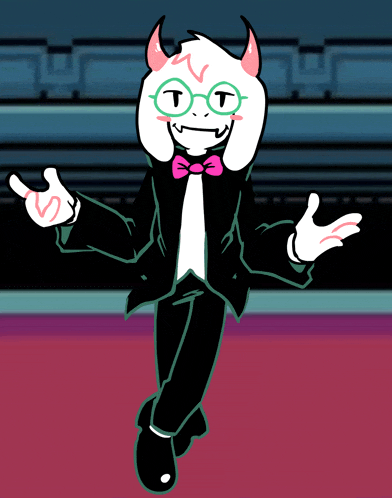 a cartoon character with horns and glasses wearing a bow tie