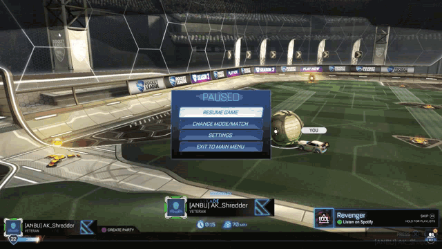 a screenshot of a video game called rocket league shows a pause screen