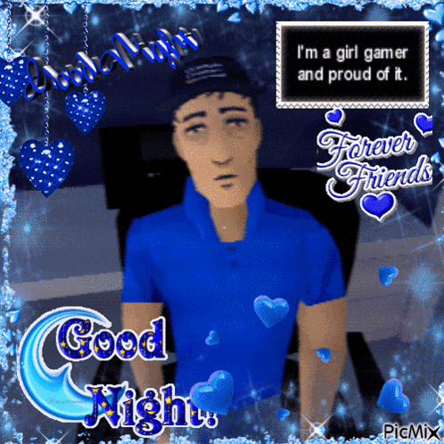 a man in a blue shirt is surrounded by blue hearts and the words good night
