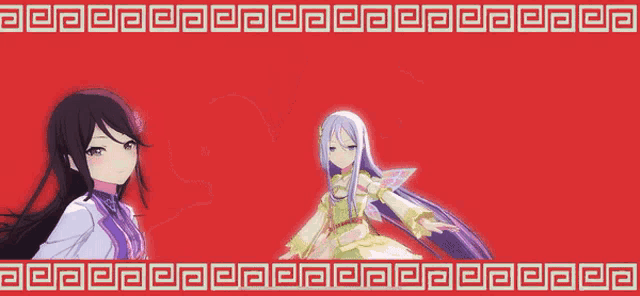a couple of anime girls standing next to each other with a red background