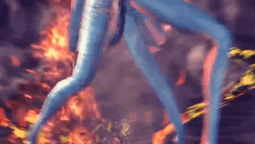 a cartoon character is standing in front of a fire .