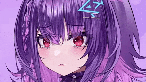 a close up of a purple haired anime girl with red eyes and a blue triangle in her hair