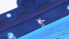 a cartoon character is floating in the air in a blue room .