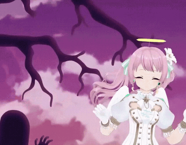 a girl with pink hair is wearing a white dress and has a yellow halo on her head