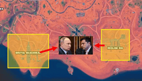 a map of a video game with two men standing next to each other and talking .