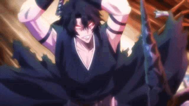 a man in a black and white outfit is holding a sword in his hand .