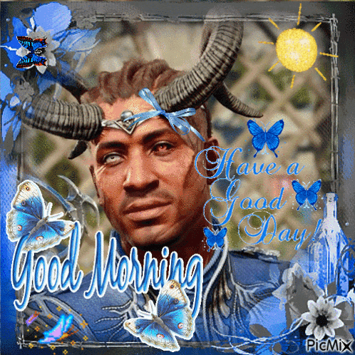 a picture of a man with horns and butterflies says good morning