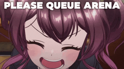 a girl with purple hair is smiling with the words please queue arena behind her