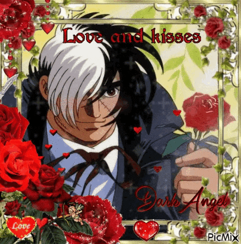 a picture of a man surrounded by red roses with the words love and kisses on it